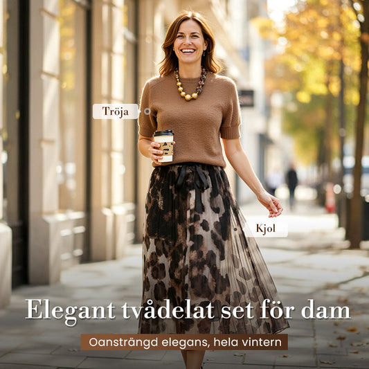 Tvådelat set för kvinnor med tröja och fladdrande leopardmönstrad kjol