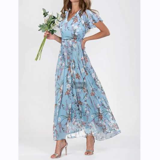 👗🌸 Kortärmad blommig maxiklänning
