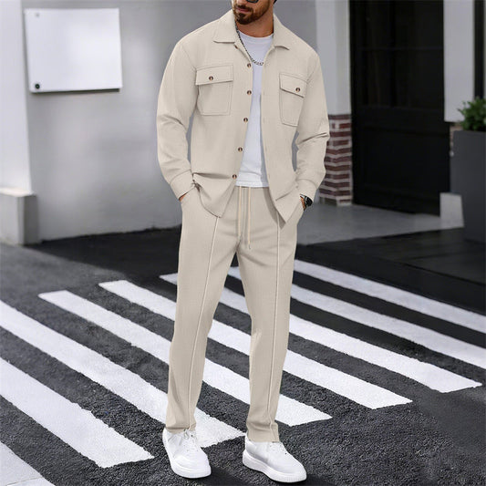 🧥 50% RABATT 👖 | Herr Våffelmönster Set – Jacka & Byxor med Knappar
