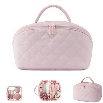 🔥 50 % RABATT! ✨ Sminkväskan med stor kapacitet – avtagbar ficka, elegant quiltat design, perfekt för resor 💄🧳