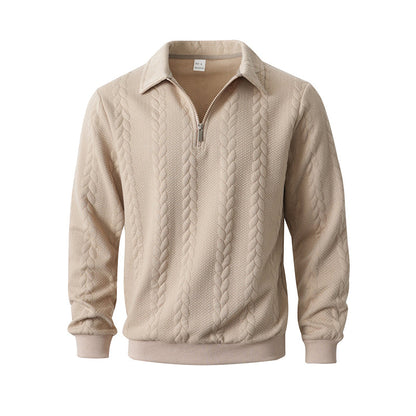 👔🧶 Avslappnad herrtröja med halvglidare & flätmönster – Värm & stilfull i hållbar bomull! Perfekt för arbete och fritid ✨