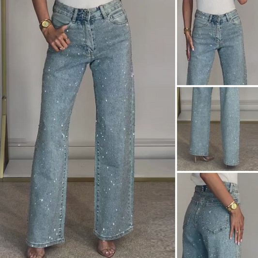 💎 Premium Stenförsedda Jeans Dam | Vintage Tvättad, Höjmidja, Rak Siluett 👖