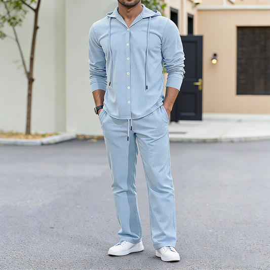 2-delat set med linne-tröja med huva och byxor för herr