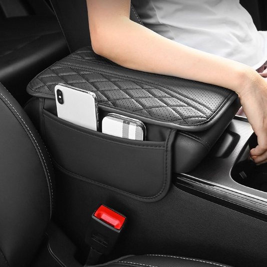 Armstödskudde för bil med förvaringsfickor på sidorna