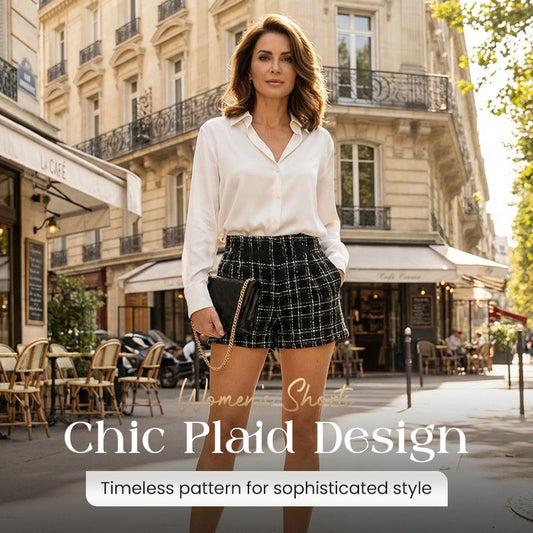 Högmidjade rutiga tweedshorts för damer