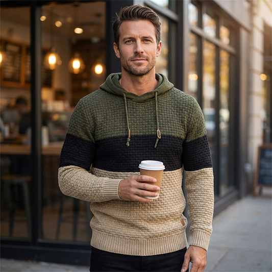 Herrhoodie med färgblock och jacquardmönster