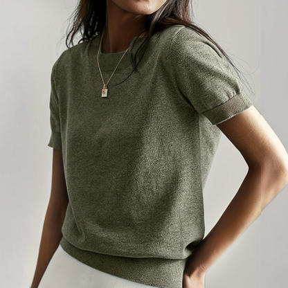 🔥🎁Nyhet 50 % RABATT🔥Stickad damtopp med rund halsringning och korta ärmar