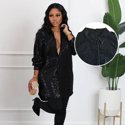 Damskjorta i glänsande paljetter, halvlång