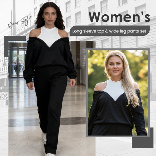 Snyggt set med långärmad topp och vida byxor för kvinnor