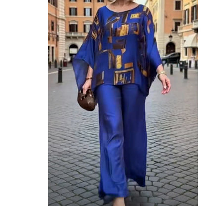 2-delat set med tryckt topp och byxor för damer