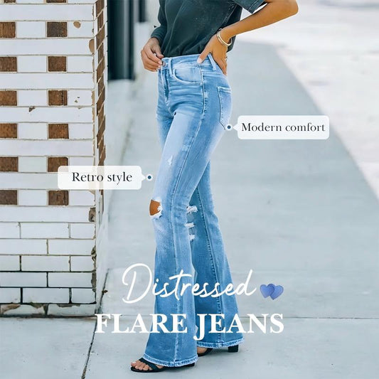 👖Högmidjade, utsvängda damjeans med slitna detaljer