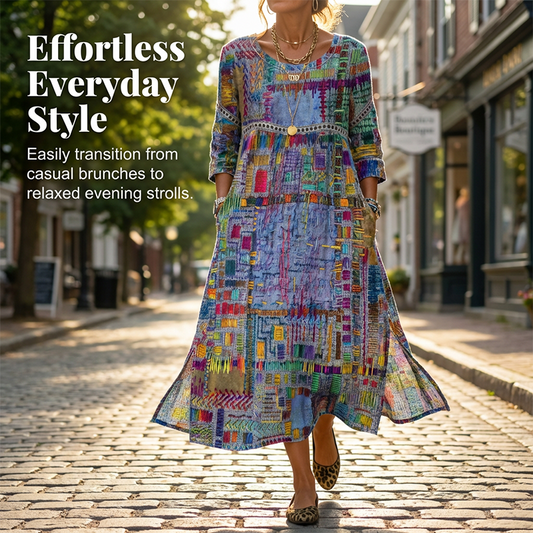 Tryckt lång klänning med rund hals och slits i sidan