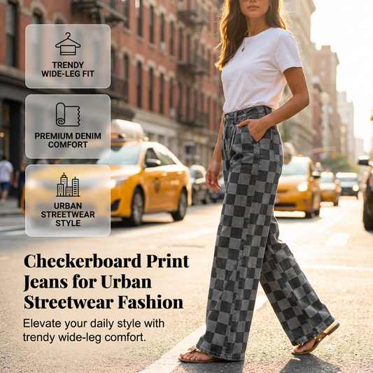 Jeans med breda ben och rutmönster för dam