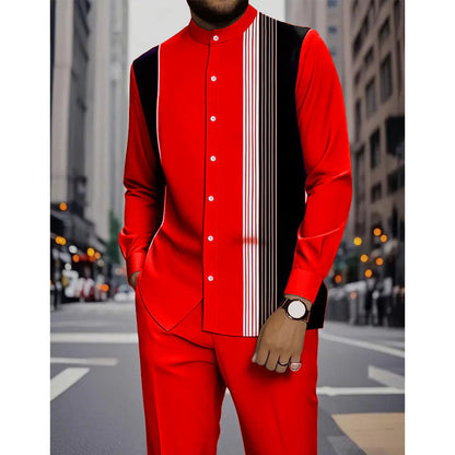 🎁Nyhet &50% RABATT!👔 2-delat set med randig skjorta och byxor för herr✨ Enkel stil✨