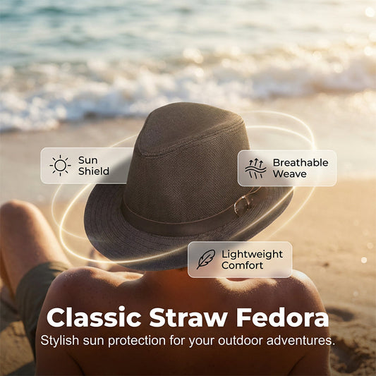 Fedora-hatt i strå med band i konstläder