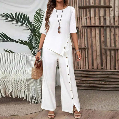 Oregelbundet tvådelat set 👗: Asymmetrisk topp + byxor med en knapprad — Löst och andningsbart 🛍️
