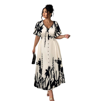 👗 50% RABATT NU! 🌿 Mjuk Klänning i Botaniskt Mönster med V-ringning & Medellång Kjol – Elegant, Lätt & Mångsidig För Alla Tillfällen 🌸