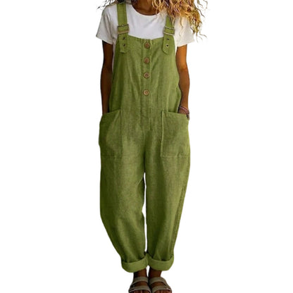 👖50% RABATT NU! 🌿 Damoveraller med knappar framtill – Justerbara remmar, andningsbart tyg och avslappnad passform ✨