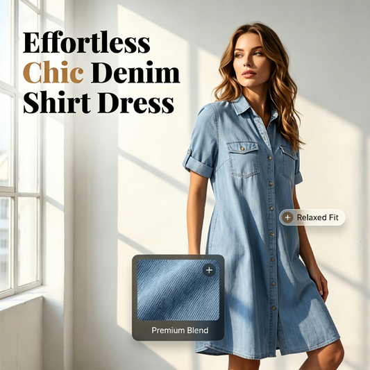 🔥 Tidsbegränsat erbjudande – Upp till 50 % rabatt🔥Casual skjortklänning i denim för dam>