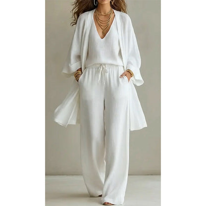 🔥Factory Direct Sales🔥 Elegant Tredelat Set för Dam - Kofta, Topp & Byxor med Vida Ben