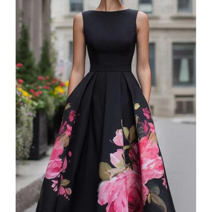 Elegant, ärmlös midiklänning i A-linje med blommönster