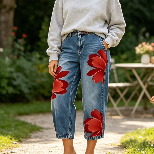✨ Damjeans med vida ben och blommönster – Unika applikationer, mjuka, 6 färger 🌸