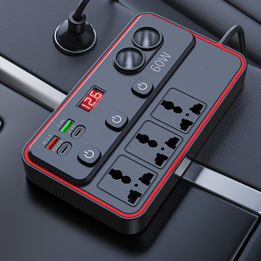 Multifunktionell billaddare – 9 portar, QC3.0 & PD30W snabbladdning, spänningsdisplay & 150W växelriktare 🚗🔌
