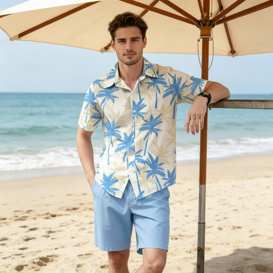 Set med skjorta och shorts med tropiskt mönster för män