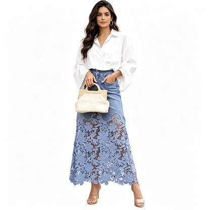 👗✨ Elegant spets-spliced denim maxikjol med fickor