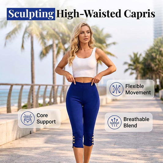 👖50 % RABATT! ✨Mageformande stretch-capribyxor – hög midja, 4-vägsstretch, eleganta detaljer 🌼