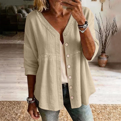 👚Damblus med V-ringning, spetskant och knappar – elegant vardagströja✨
