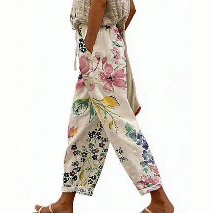 👖🌸 Blommiga cropbyxor med dragsko och fickor