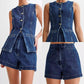 Casual-set i denim för dam, bestående av en ärmlös topp och shorts