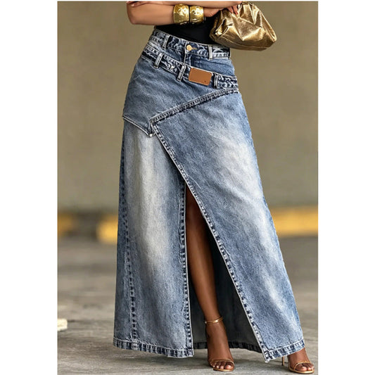 👗✨ Asymmetrisk lager denim maxikjol med slits
