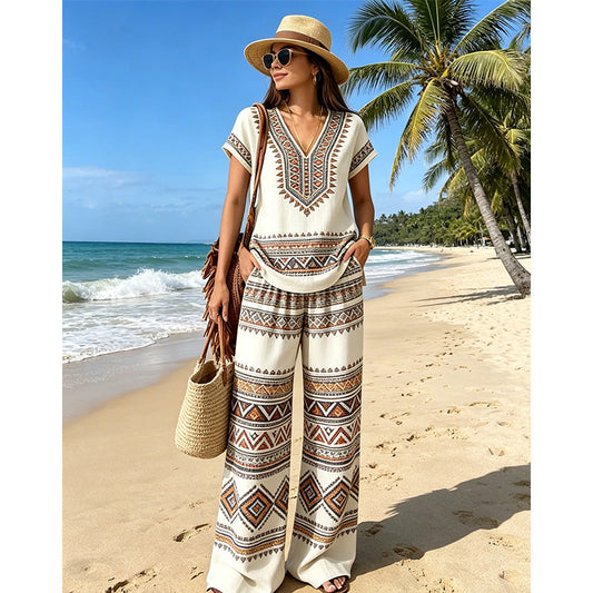👚50% RABATT NU! ⏰ Tvådelat set för dam – Tryckt topp & byxor – Mjukt, andningsbart & ledig passform – perfekt för sommar, resor eller en avslappnad dag 🌸👖
