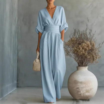 🔥 50% RABATT 👗 Elegant dam-jumpsuit med V-ringning ✨ hög midja & vida ben – smickrande, luftig & perfekt för sommarstil 🌿