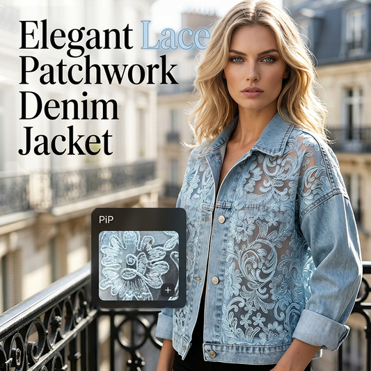 🔥 50% RABATT 🌸 Elegant denimjacka med blommiga spetspaneler ✨ Feminint uttryck, exklusiva detaljer & tidlös stil 💎
