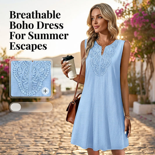 👗 50% RABATT NU! 🌿 Dam Andningsbar Sommar Casual Klänning – Broderad V-ringning & Skrynkelfri Bomullslinne ✨