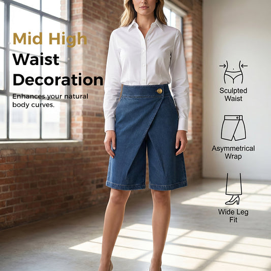 🩳 50% RABATT NU! 🧵 Dams Asymmetriska Breda Shorts – Snygg Faux Denim & Vintage Elegans 🌊
