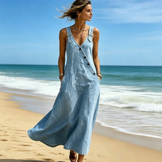 👗✨ Avslappnad V-ringad denim maxiklänning med remmar och fickor