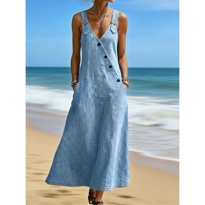 👗✨ Avslappnad V-ringad denim maxiklänning med remmar och fickor