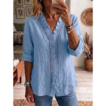 👚✨Casual blus med V-ringning och volangkant för damer – Enkel och feminin vardagsstil🌸