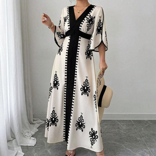 👗Elegant maxiklänning med V-ringning och mönster för damer
