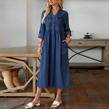 Maxiklänning i denim med knappar för kvinnor i stora storlekar