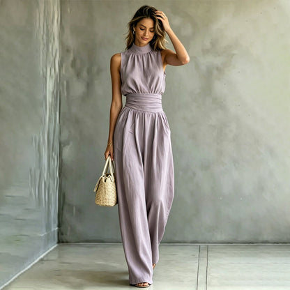 💥50 % rabatt på sista dagen – Ärmlös jumpsuit med hög hals och vida ben för damer
