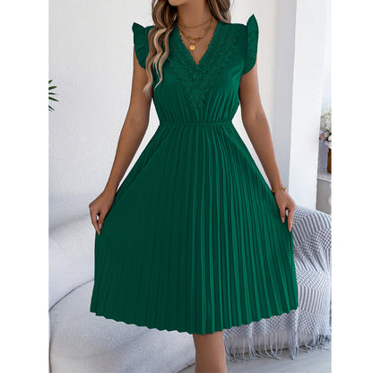 Midiklänning för damer med spets, V-ringning, volangärmar och veck
