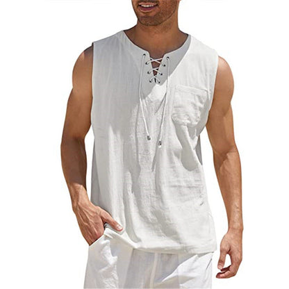 👕🌿 Ärmlös snör-V-ringad tanktop för män