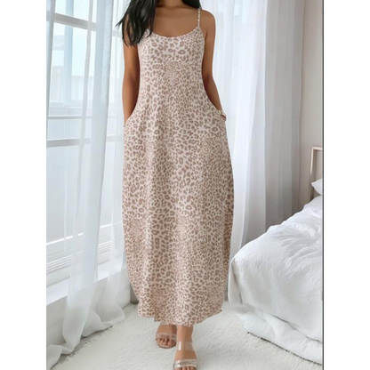 👗 50% RABATT NU! 🐆 Dam maxiklänning med leopardtryck och spaghettiband – flödande & lätt – Perfekt för strand, sommarfester eller djurvild vardagsstil – vild och elegant 🌊✨