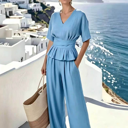 👗🌸 Elegant tvådelat set med knytning i midjan och vida ben