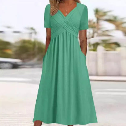 👗 50% RABATT NU! Kvinnors V‑ringad långklänning med kort ärm – elegant, mjuk & mångsidig – perfekt för fest, brunch & vardag 🌸✨